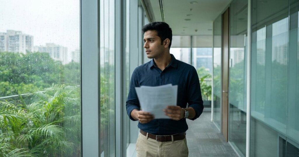 Indian startup founder in a glass corridor, contemplating DPIIT and 80-IAC tax matters.