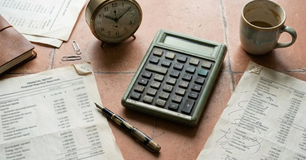 Overhead view of an office desk with financial reports and a brass clock, illustrating business analysis ratios.