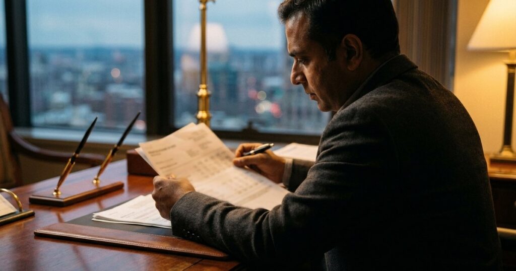An angel investor reviews financial documents at a wooden table, highlighting the theme of startup evaluation in India.