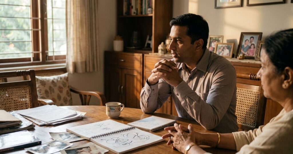 An Indian family balancing business and family life in a warm-lit living room, emphasizing cultural and technological integration.