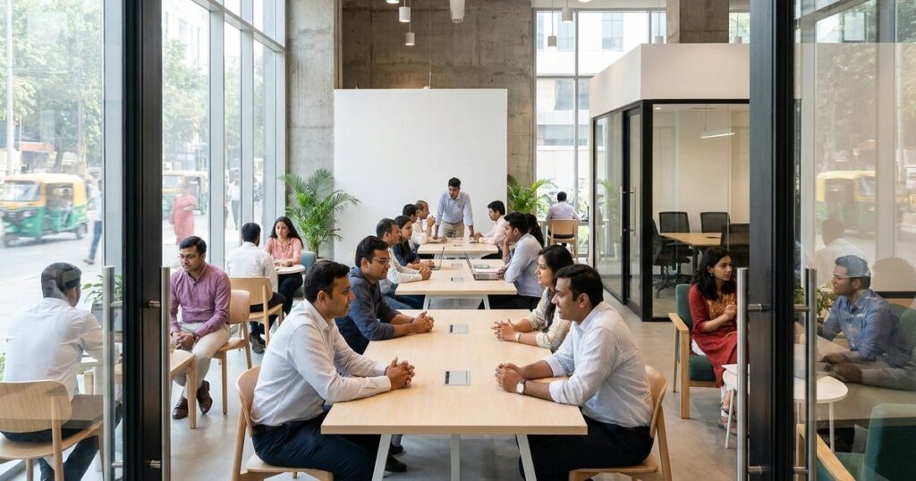 Indian founders at a co-working space engaged in discussions, illustrating the article on startup communities in India.