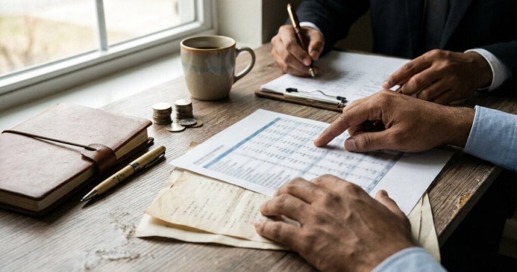 Close-up of hands holding a coffee cup on a table, with blurred financial documents in the background, related to financial terms.
