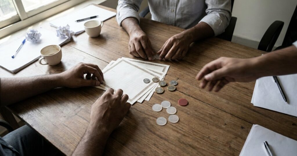 Indian startup founders model seed-round dilution with share counters during a cap table discussion