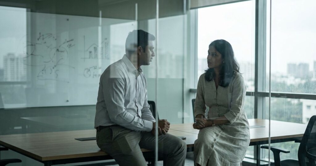 Two people discuss sustainable business practices in an Indian startup office through a glass partition.