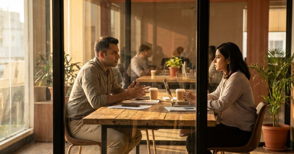 Two Indian founders discuss equity strategies in a warm-lit co-working space, reflecting decisions in pre-seed and seed funding in India.