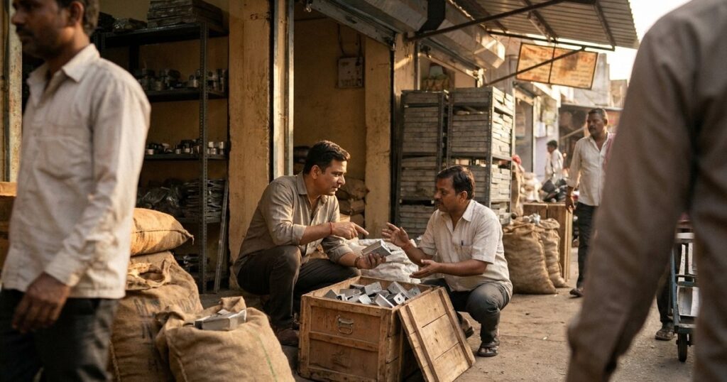 Indian entrepreneur and retailer discuss product pricing in a warm wholesale market doorway.