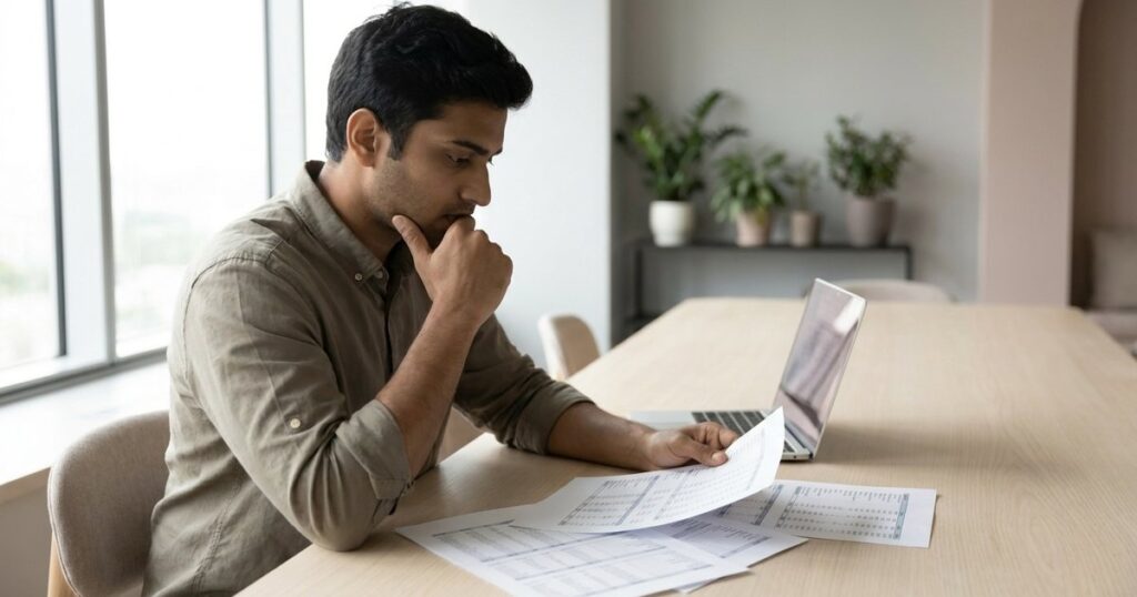 Indian entrepreneur assessing financial documents in a bright workspace, reflecting on startup runway calculations.