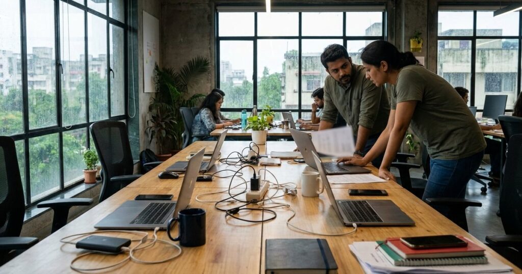 Indian startup founders discussing in a naturally lit office, highlighting the focus on choosing a North Star Metric.