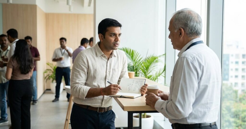 Indian professional at a startup conference in India, engaging in conversation, illustrating mentorship theme.