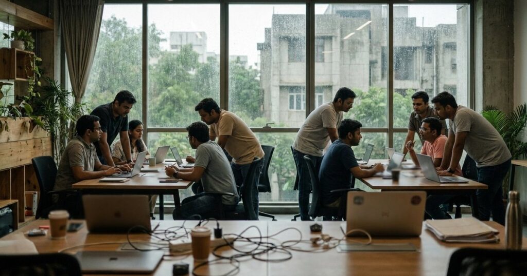 Indian entrepreneurs collaborate in a co-working space, reflecting on how to hire top talent for startups during monsoon.