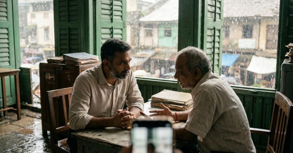 Indian founder weighs a startup expansion decision with a local business owner in a monsoon-washed market office