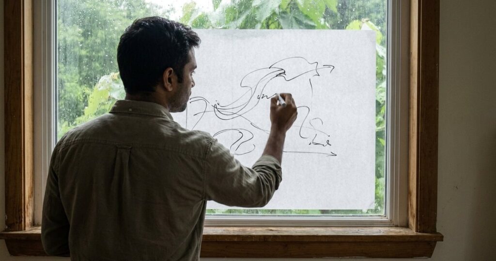 Indian startup founder sketches diagrams on paper in front of a window, reflecting adaptation and resilience in business.