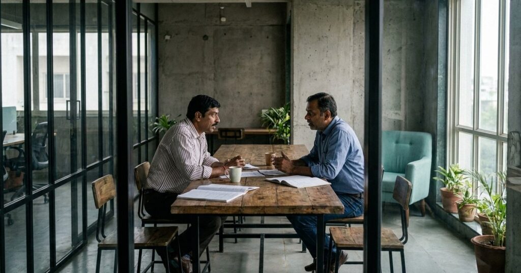 Indian founders negotiating in a co-working space, reflecting the article's topic on startup negotiations.