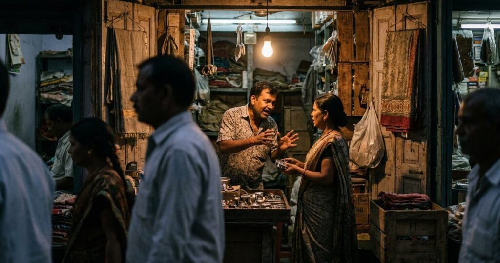 A vendor in an Indian street market energetically demonstrates a product to a customer under warm light at dusk, highlighting sales dynamics.