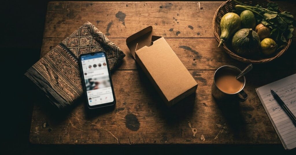 A workspace in a Tier-3 city with a smartphone, chai, and local textiles, illustrating digital growth opportunities.