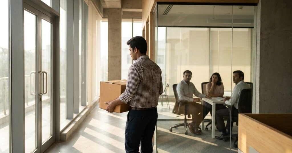 Founder leaving an Indian startup office, reflecting lessons from major startup failures