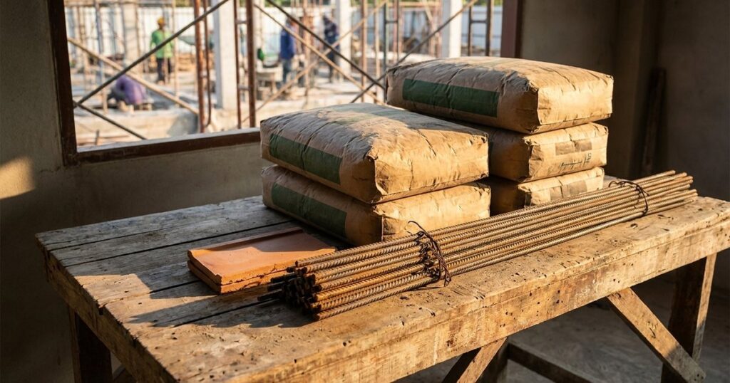 Close-up of construction materials like cement bags and steel rods, relating to sourcing building materials in India.