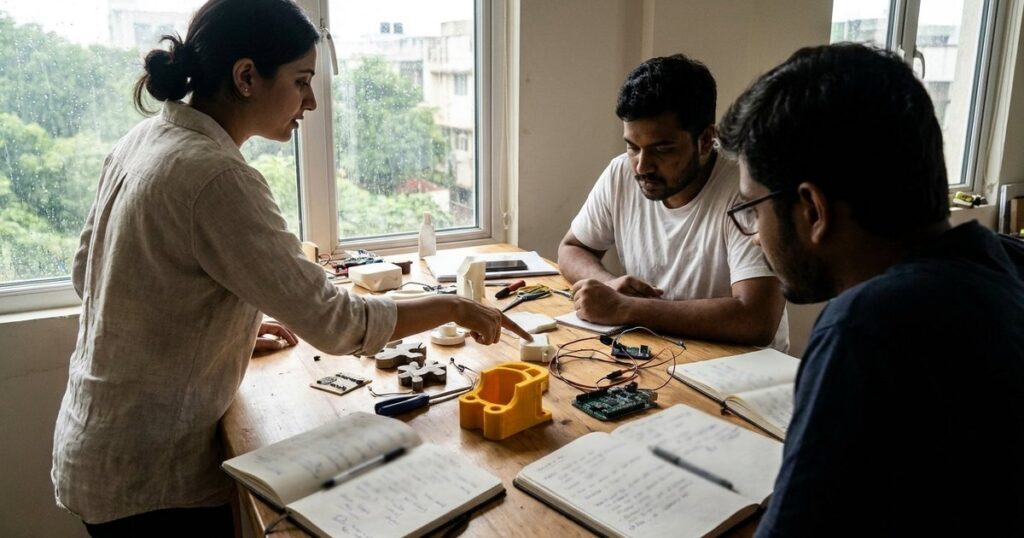 Indian startup team in a brainstorming session, fitting the article's theme on adaptation in a changing market.