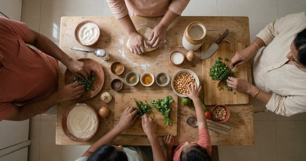 Hands of an Indian family collaborating at a cluttered table, illustrating the balance of family and entrepreneurship in India.