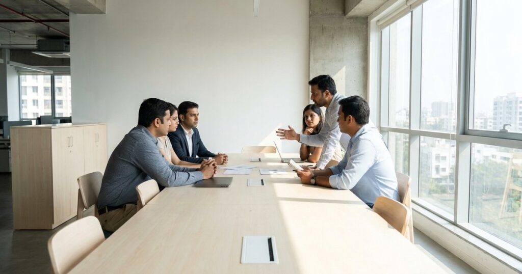 Indian founders and investors discussing liquidation preference in a modern office setting.