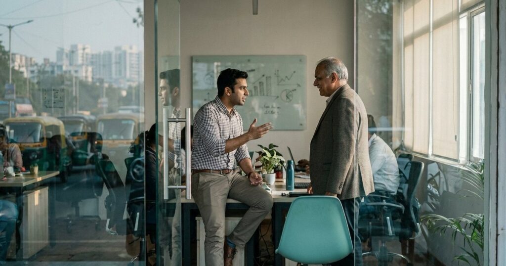 An Indian startup founder discusses funding in a co-working space, highlighting the challenges of Series A funding in India.