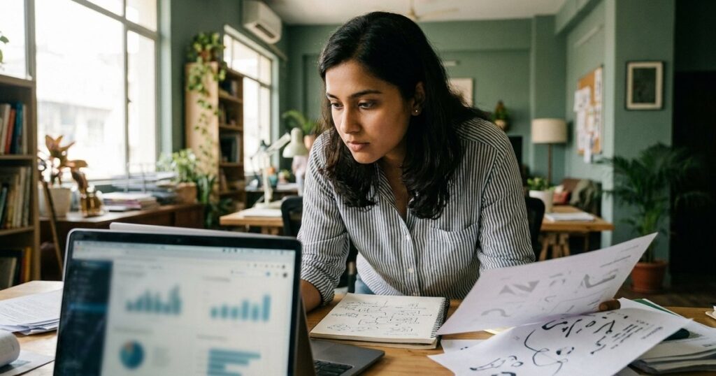 Indian founder in a startup office, working with blurred graphs and notes, illustrating startup positioning methods.