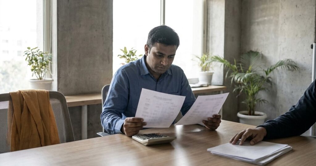 Indian founder reviews cap-table papers and a calculator while considering pre-money, post-money, and SAFE dilution.