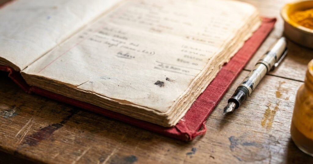 Close-up of a traditional Indian ledger symbolizing frugal innovation in Indian entrepreneurship, capturing sunlight and texture.