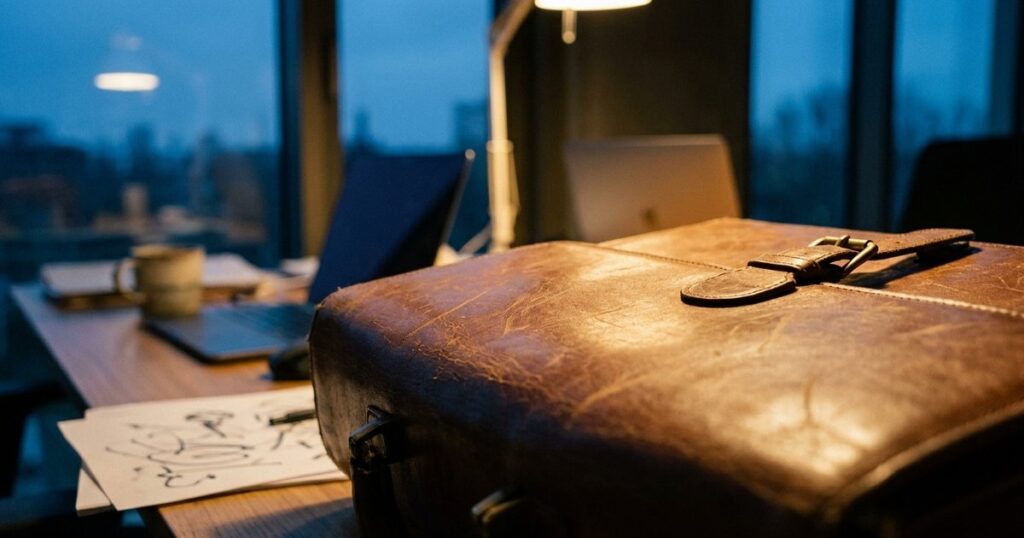 Close-up of a leather briefcase on a startup desk, symbolizing the challenges of hiring for Indian startups.