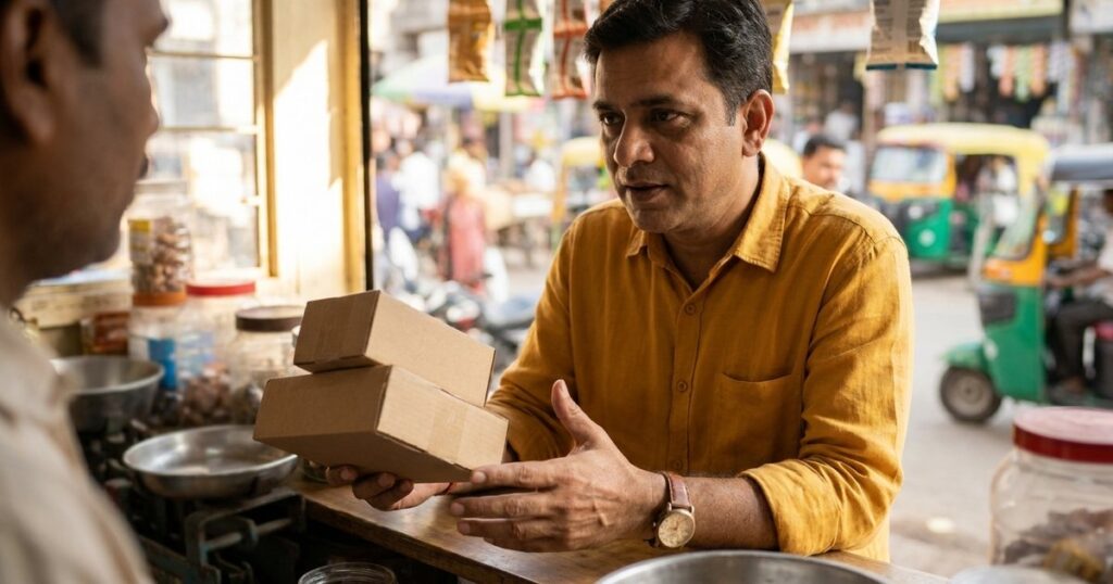 Indian founder evaluating customer pricing for a product at a neighborhood market counter