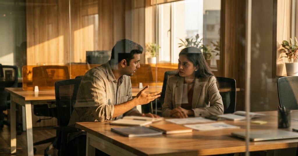 A founder and investor in serious discussion in an Indian startup, seen through glass, highlighting financial red flags.