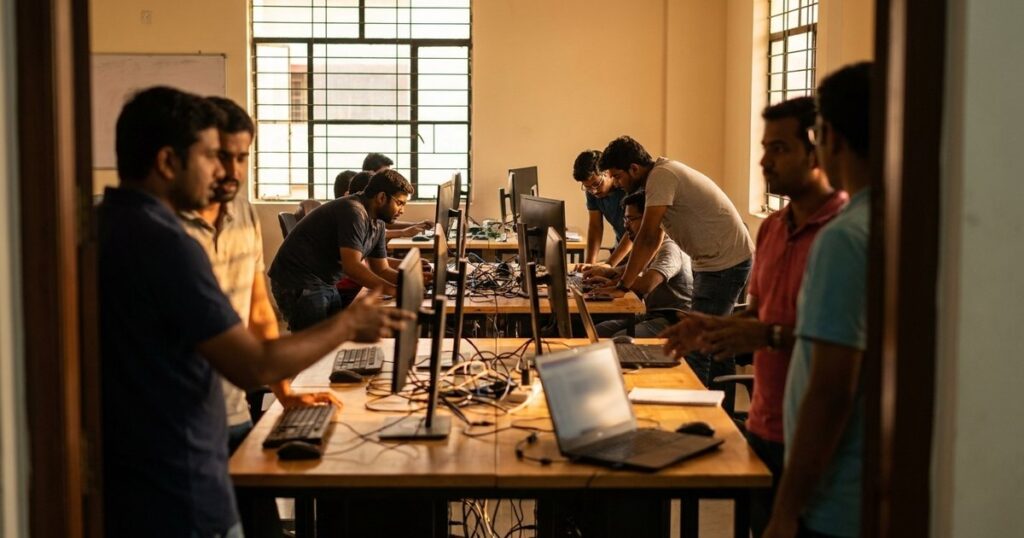 Indian startup workspace with developers emphasizes tech-focus over customer validation.