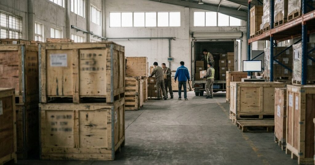 A warehouse scene with workers loading large crates onto trucks, illustrating the concept of revenue calculation in startups.