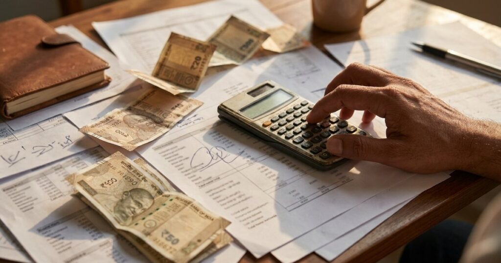 Indian startup funding scene with financial documents, currency, and a calculator on a desk.