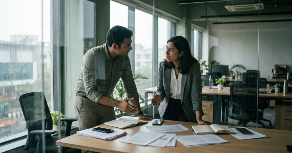 Two startup founders discuss agreements through glass, surrounded by documents, illustrating startup agreements' impact.