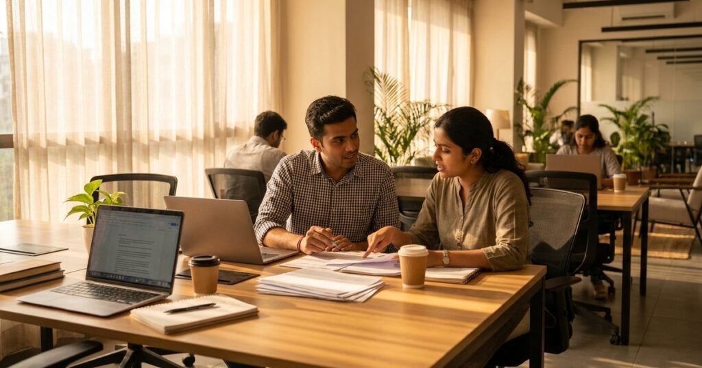 Indian founders discuss the Startup India Seed Fund Scheme in a bright, modern workspace during morning light.