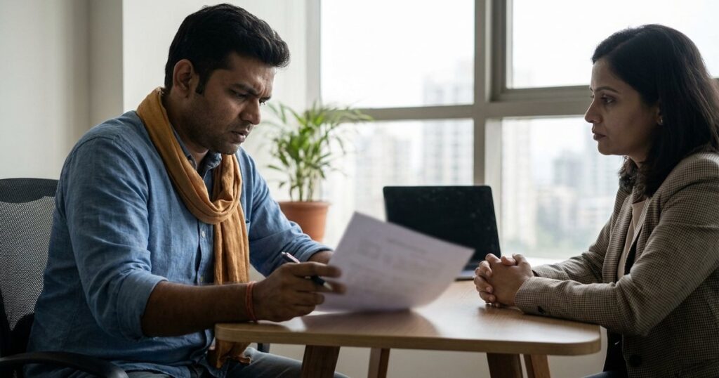 Indian startup founder reviewing a term sheet with an investor and weighing deal red flags