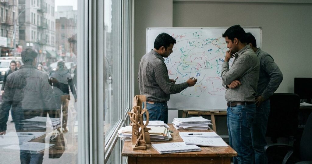 Three founders intensely engage with a marker-covered whiteboard in a bustling Indian startup office, discussing finance.