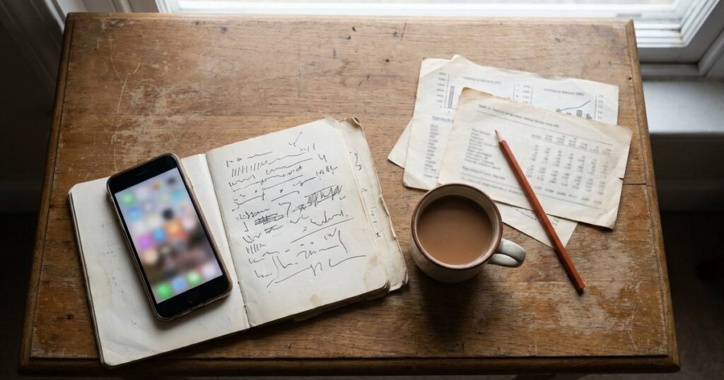 Flat-lay of objects symbolizing the impact of Indian unionization trends on startups, including a smartphone and scattered papers.
