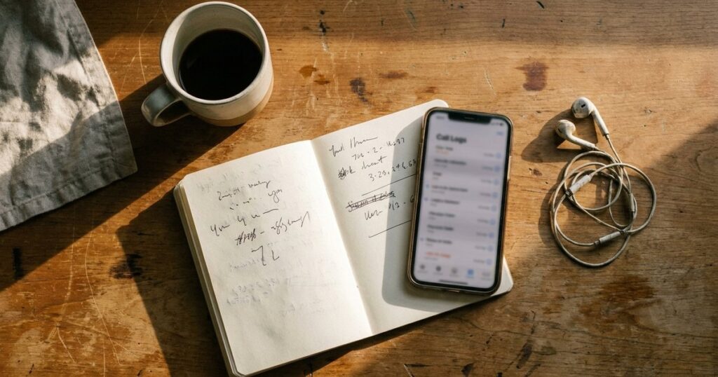 Customer calls topic shown with a phone, earbuds, and notebook on a wooden desk in warm light.