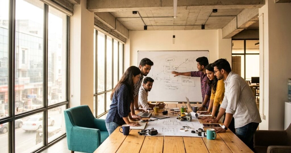 Indian startup team collaborating in an office, discussing the flywheel business model around a table with tech and construction materials.