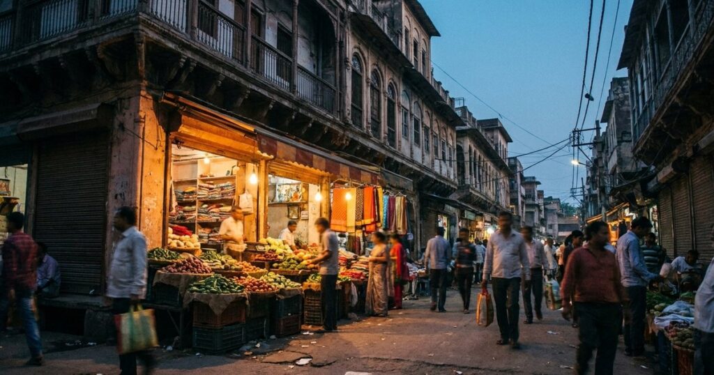Urban Indian market at dusk with architectural lines, illustrating the dynamics of influencer marketing in India.