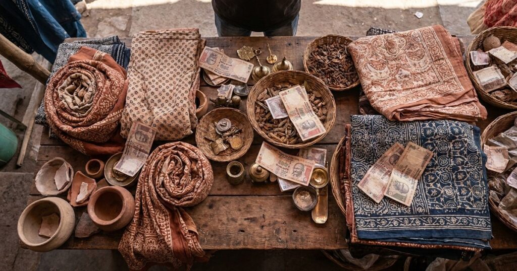 Overhead view of Indian market goods and currency, illustrating India's regional market dynamics diversity.