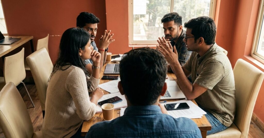 Indian startup founders discuss the impact of social media followings on business success around a table with smartphones.