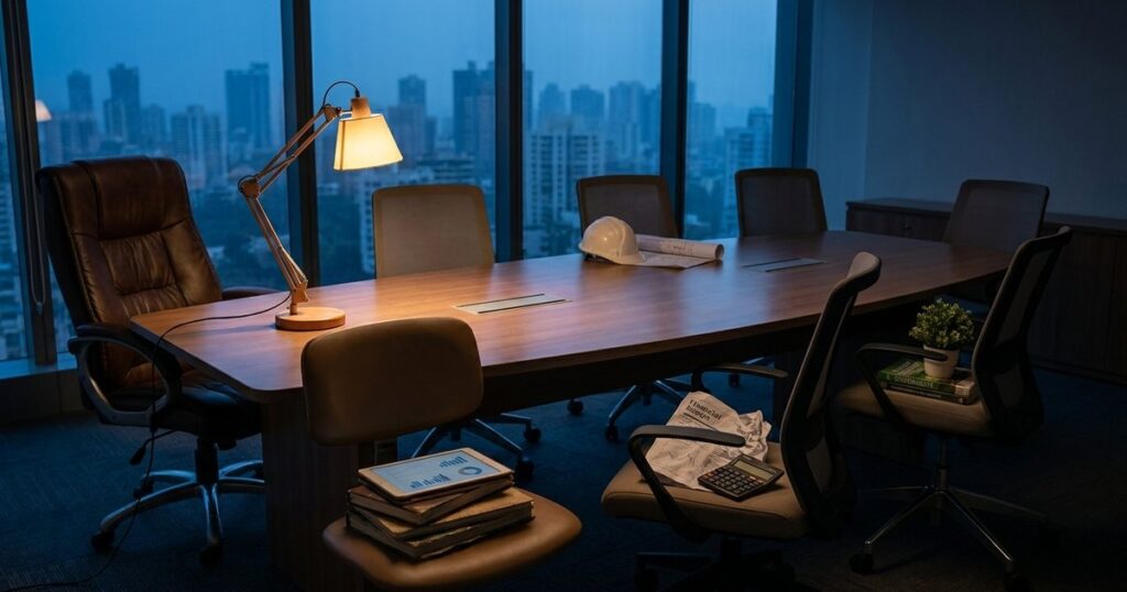 Boardroom scene in an Indian startup, empty chairs indicating diverse skill sets for effective boards.