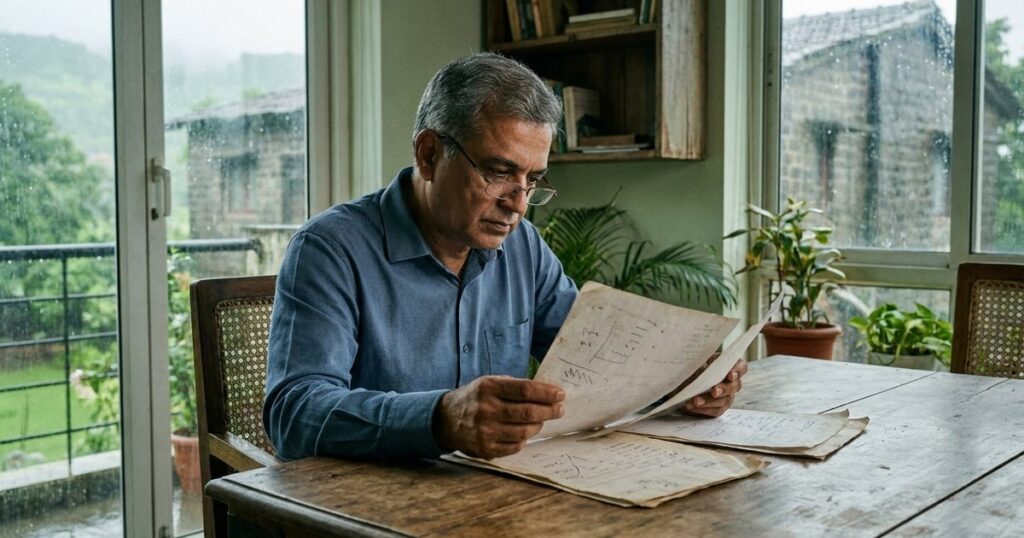 An investor in an office reviews financial documents, focused on startup financial analysis with blurred papers around.