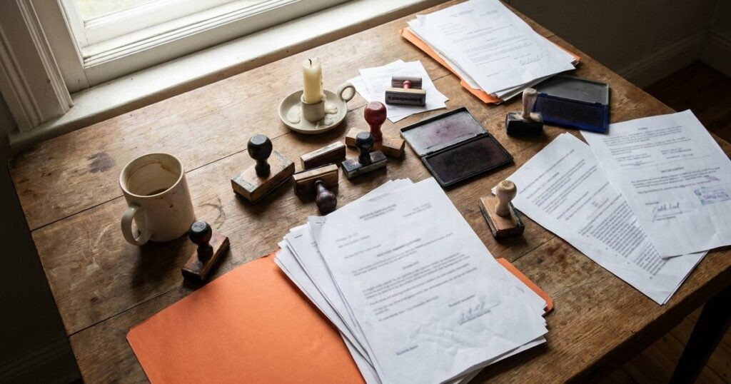Scattered legal documents and stamp pads on a table symbolize bureaucratic challenges for Indian startups.