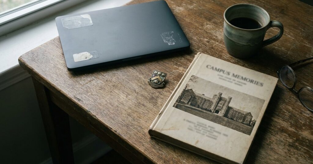 Overhead shot of a startup founder's desk with Indian alumni network symbols, reflecting networking potential.