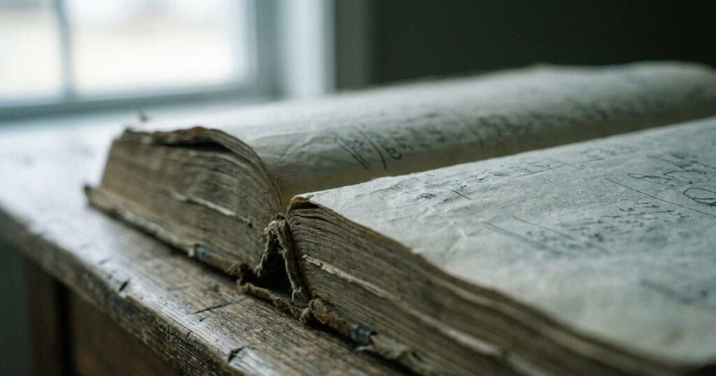 A close-up of a vintage ledger book with blurred numbers, highlighting financial statement analysis in business.