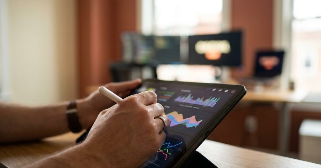 Close-up of a founder's hands working with data visualization tools, highlighting the concept of a data moat for startups.